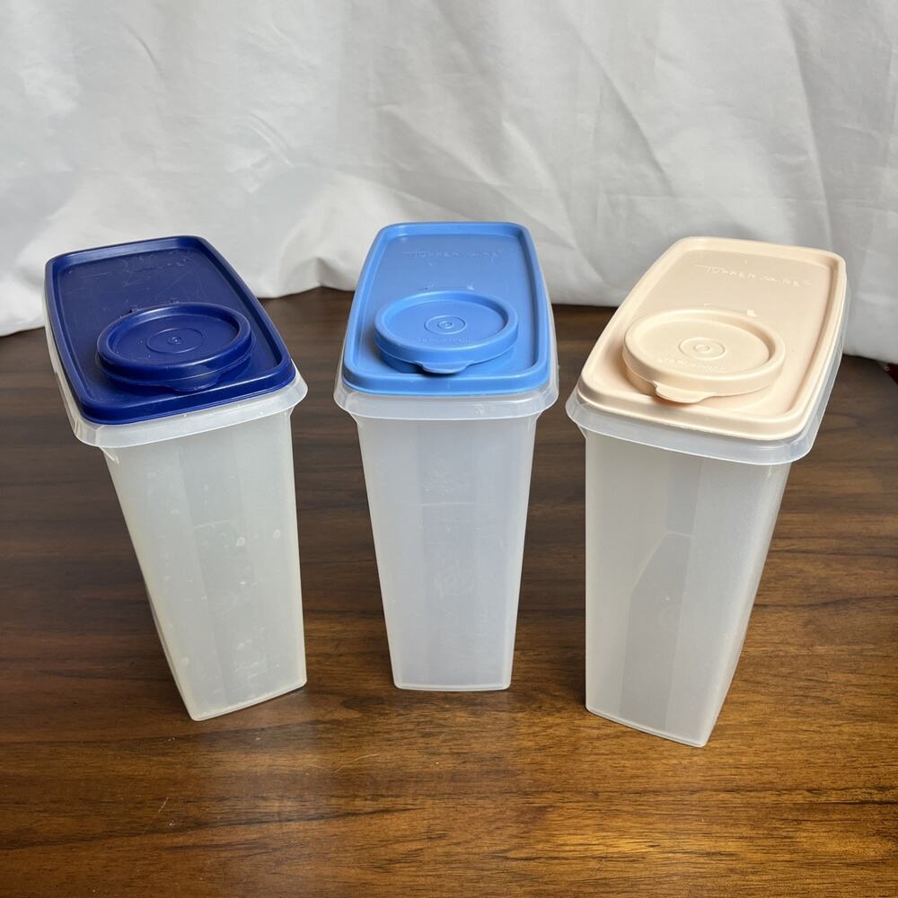 Three 12 Cup Vintage Tupperware Cereal Containers Blue & Cream Kitchen Organizer